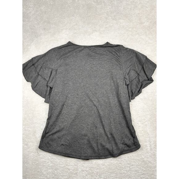 AND THE WHY Top Women’s Sz Small Grey RUFFLE SLEEVE BABYDOLL Shirt Boho Crochet - Picture 2 of 8